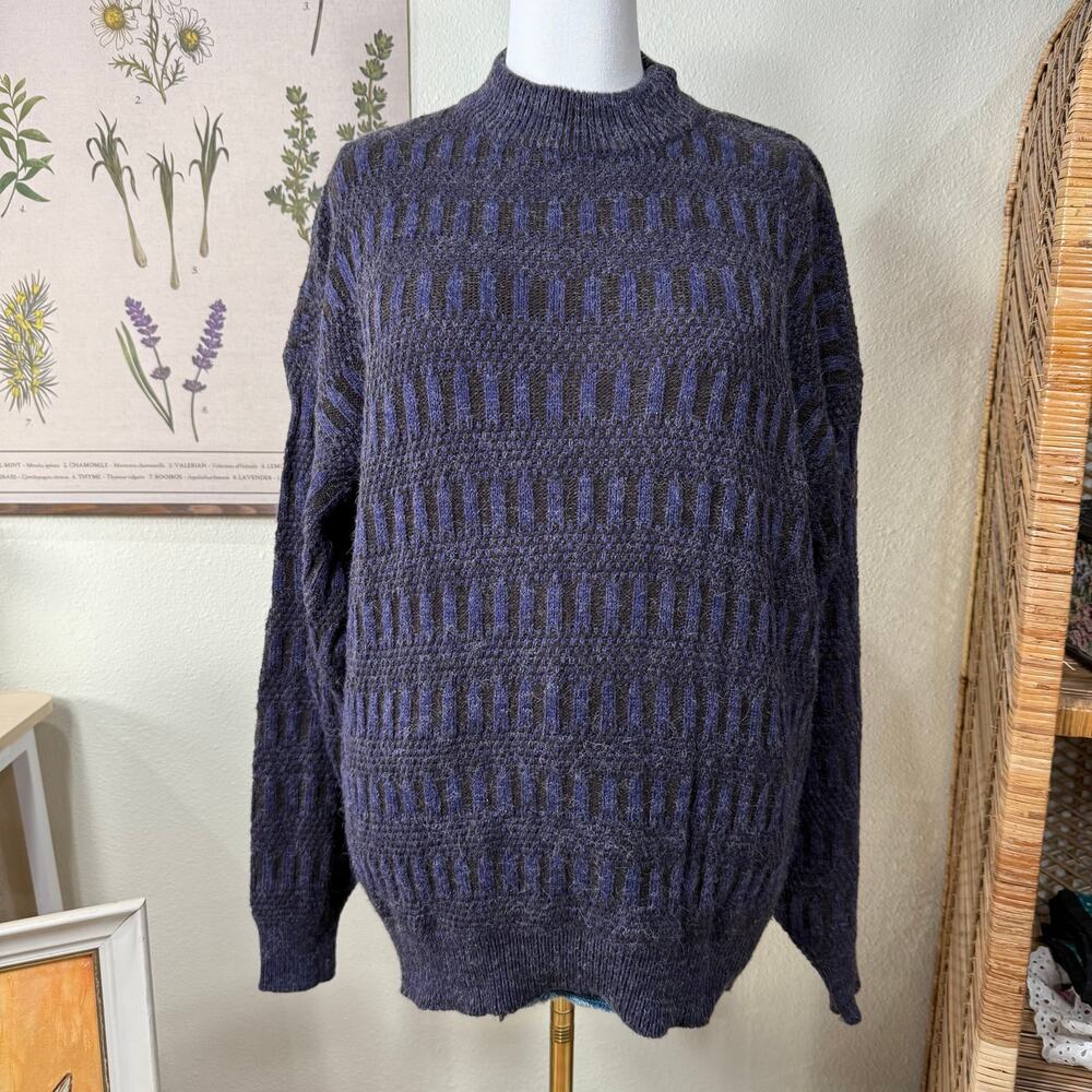 Vintage 80s 90s Fuzzy Striped Mock Neck Pullover Sweater Grandpa Retro Unisex L